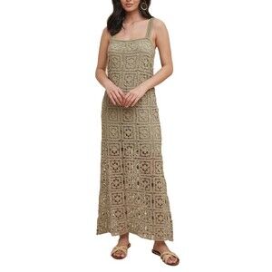 Essential Flair Crochet Maxi Tank Dress Size L Olive Green 2 Layers Beach Resort